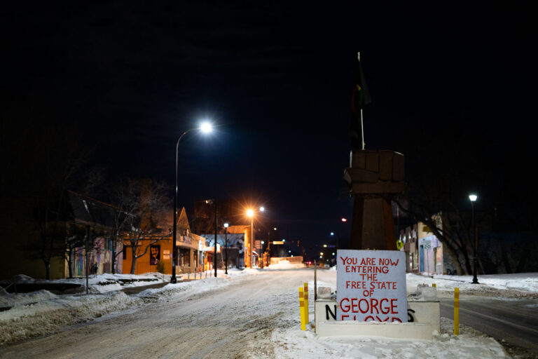 37th & Chicago Ave Free State of George Floyd 1 The fist at the intersection of 37th and Chicago in South Minneapolis. A sign that reads “You are now entering the free state of George Floyd”.