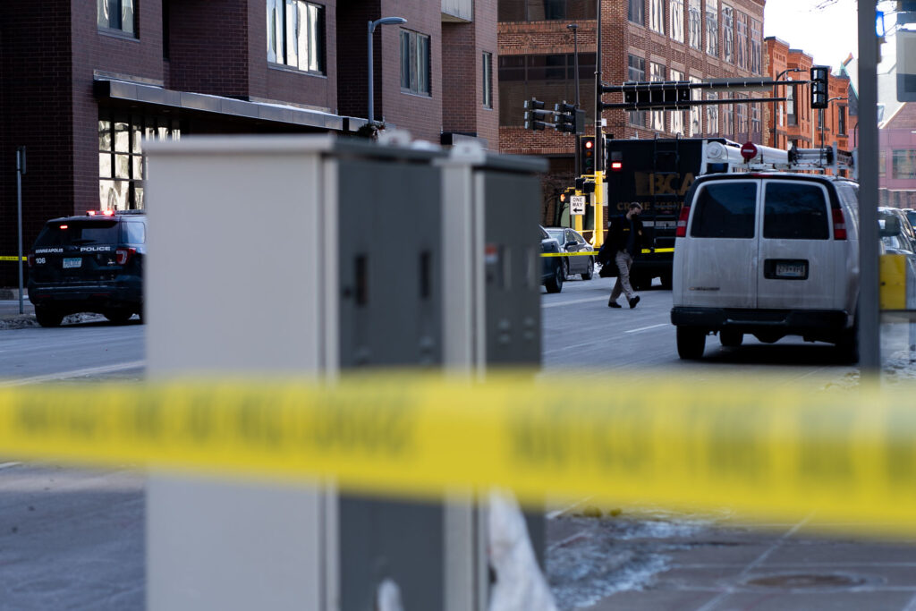 Outside Bolero Flats on Marquette Ave in Minneapolis where an officer shot and killed a man on the 7th floor. Interim Minneapolis police chief Amelia Huffman says 9 seconds after making entry to the apartment 1 officer shot the victim who was holding a gun in his hand.