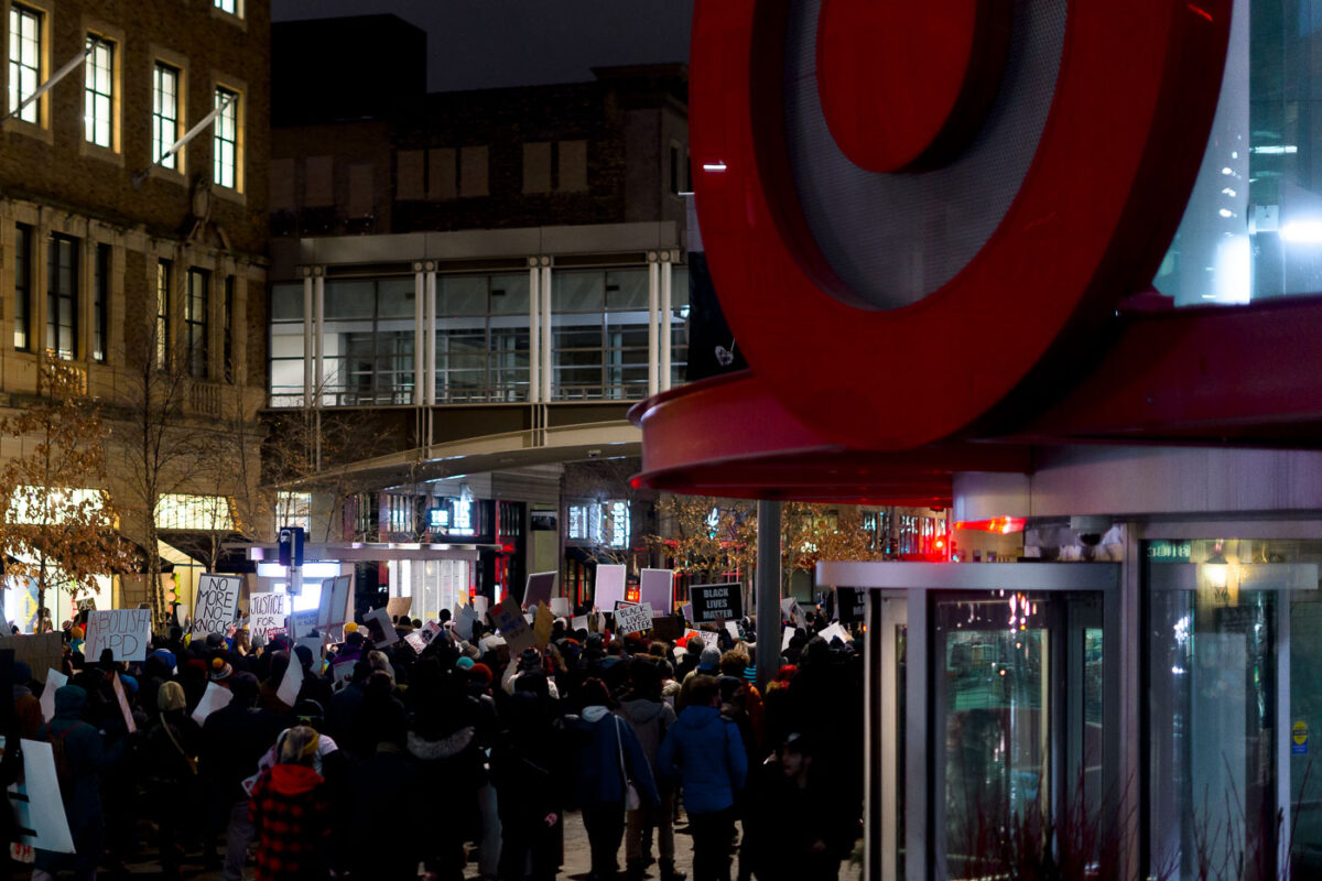 Protesters march through Downtown Minneapolis after demanding the Mayor resign following the Minneapolis Police shooting death of Amir Locke during a no-knock search warrant.