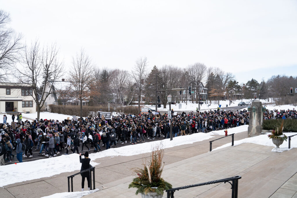 High school students from around the area walked out at noon to march to the Minnesota Governor's Mansion. They are demanding justice for Amir Locke as well as the resignation of interim Minneapolis Police Chief Amelia Huffman and Minneapolis Mayor Jacob Frey.