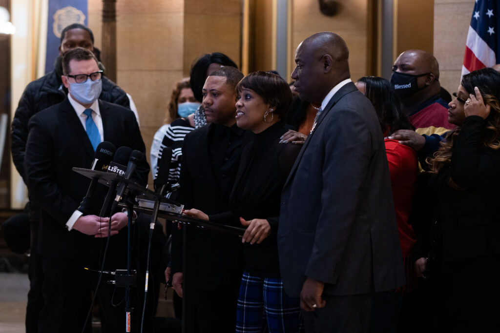 Amir Locke’s mother joined by families of Jamar Clark, Winston Smith & others: “I gave birth to him 11/11/99. He dies 2/2/22. My son was 22. His name was Amir and we gave birth to a prince.” Collectively w/ attorney Ben Crump they ask for President Biden to ban no-knock warrants.