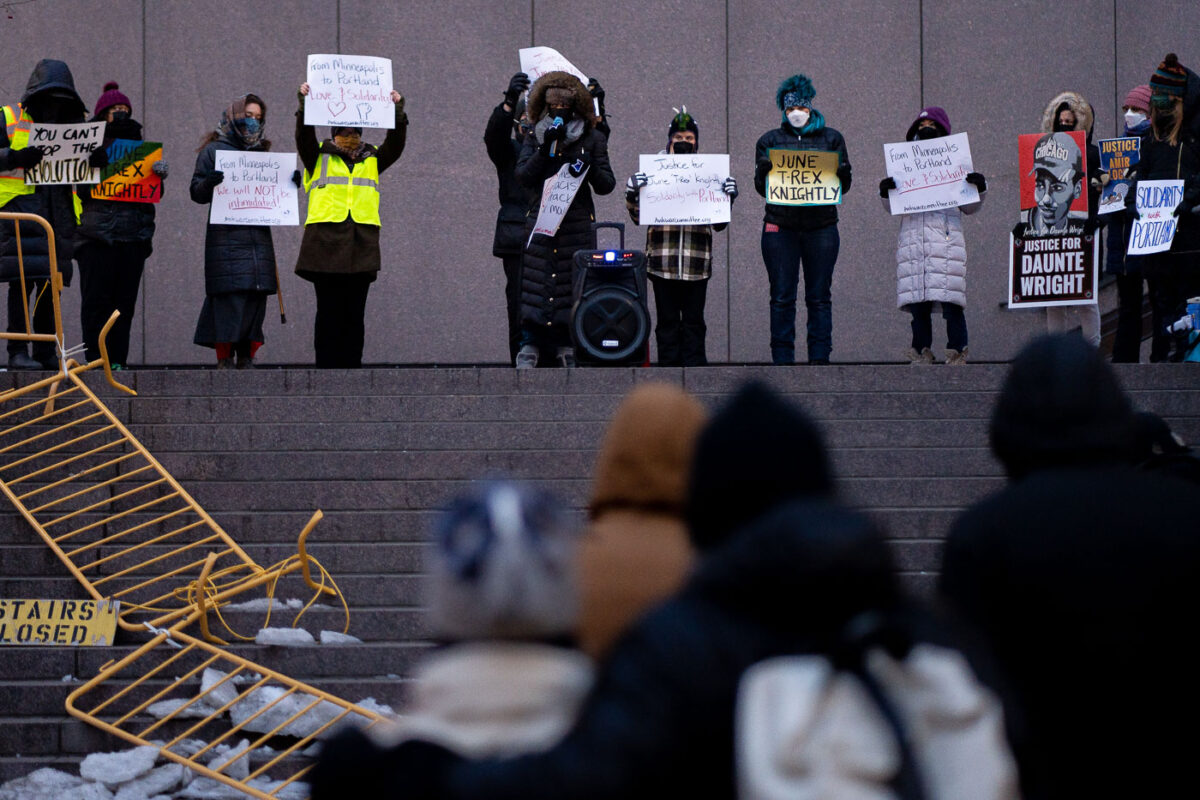 Activists outside the courthouse showing solidarity with Portland following the shooting death of June T-Rex Knightly 2 days earlier during a Portland protest.