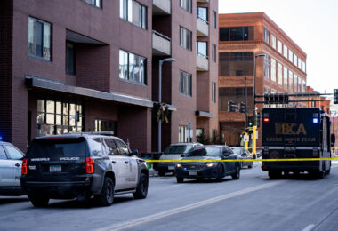 Outside Bolero Flats on Marquette Ave in Minneapolis where an officer shot and killed a man on the 7th floor. Interim Minneapolis police chief Amelia Huffman says 9 seconds after making entry to the apartment 1 officer shot the victim who was holding a gun in his hand.