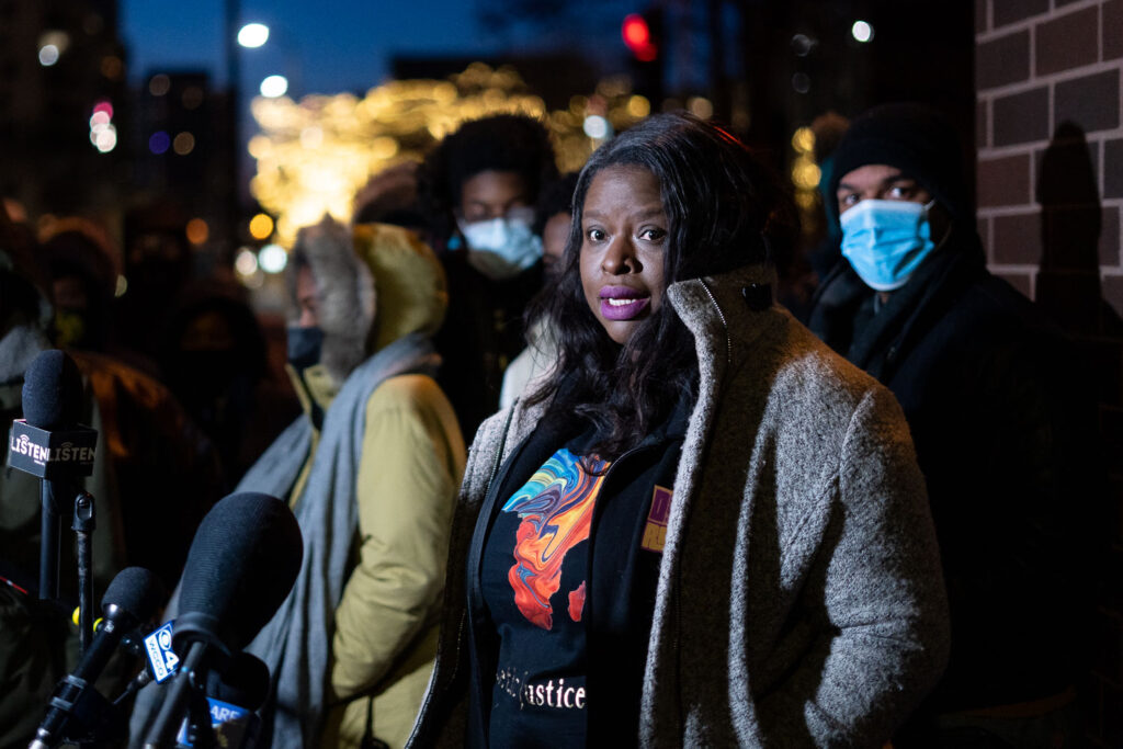 Civil rights attorney Nekima Levy Armstrong speaks out in a cold 1°F night asking for the prompt release of information regarding the shooting death of Amir Locke by police this morning.