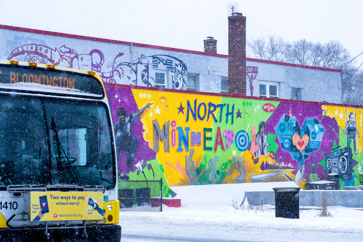 Snow falls in Minneapolis on a late February afternoon.
