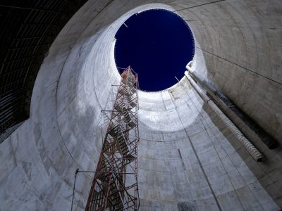 Scaffold Tower Rising Through a Shaft at the I-35W Stormwater Facility