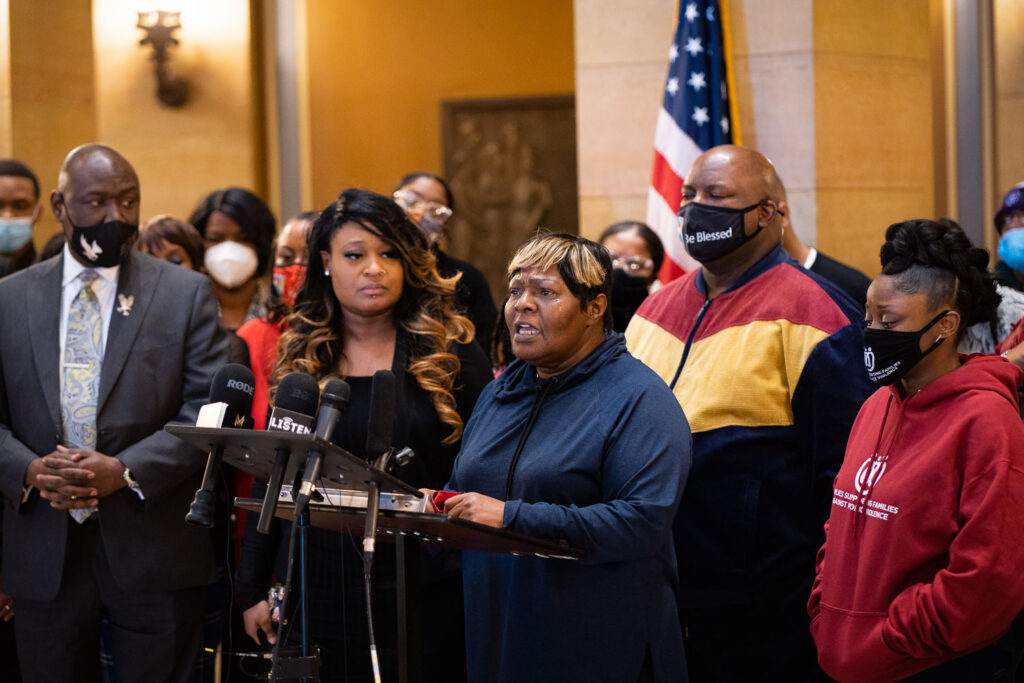 February 10, 2022 - St. Paul, Minn. -- Amir Locke’s mother joined by families of Jamar Clark, Winston Smith & others: “I gave birth to him 11/11/99. He dies 2/2/22. My son was 22. His name was Amir and we gave birth to a prince.” Collectively w/ attorney Ben Crump they ask for President Biden to ban no-knock warrants.