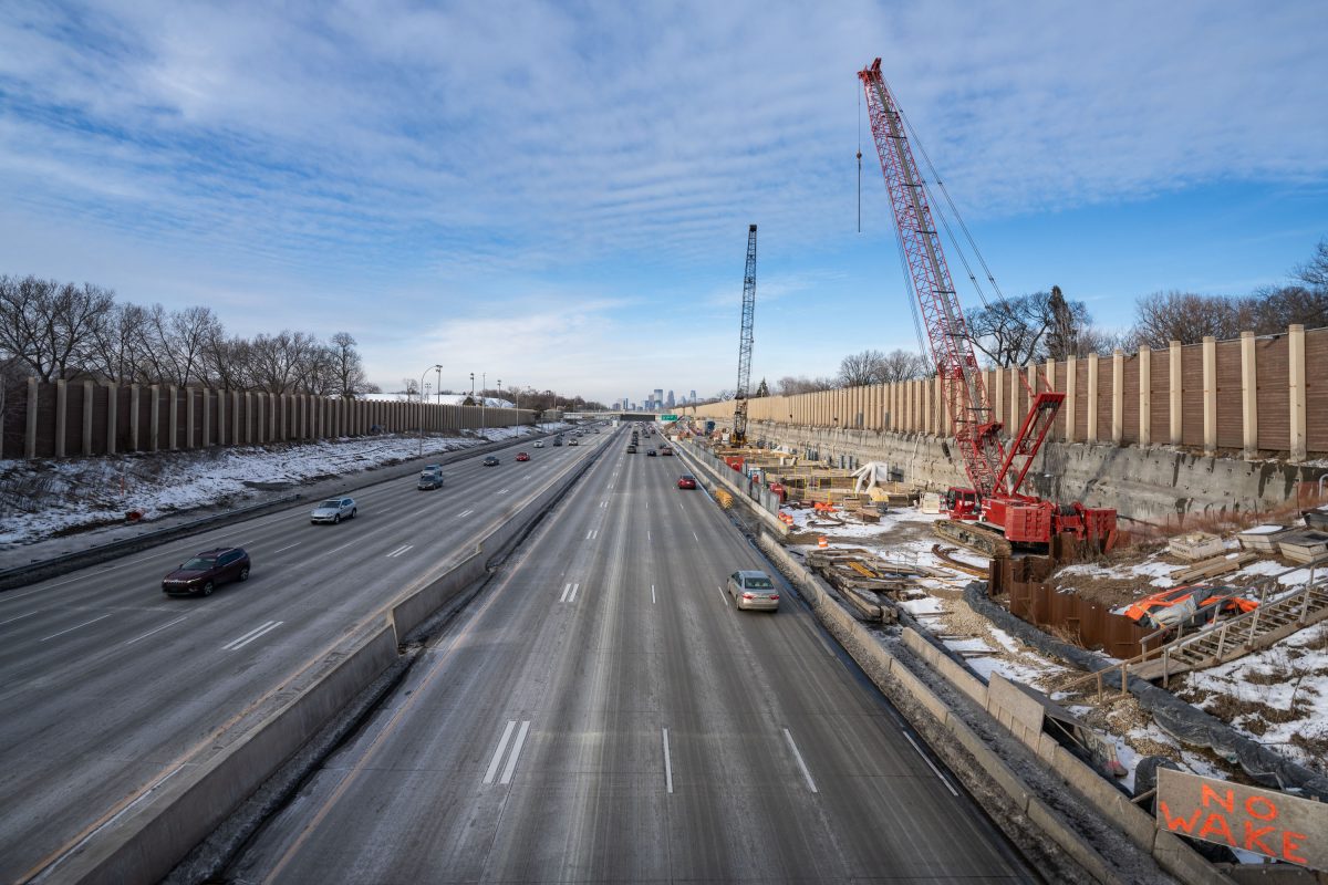 Crane Rigs Beside I-35W, Stormwater Facility Construction, Minneapolis