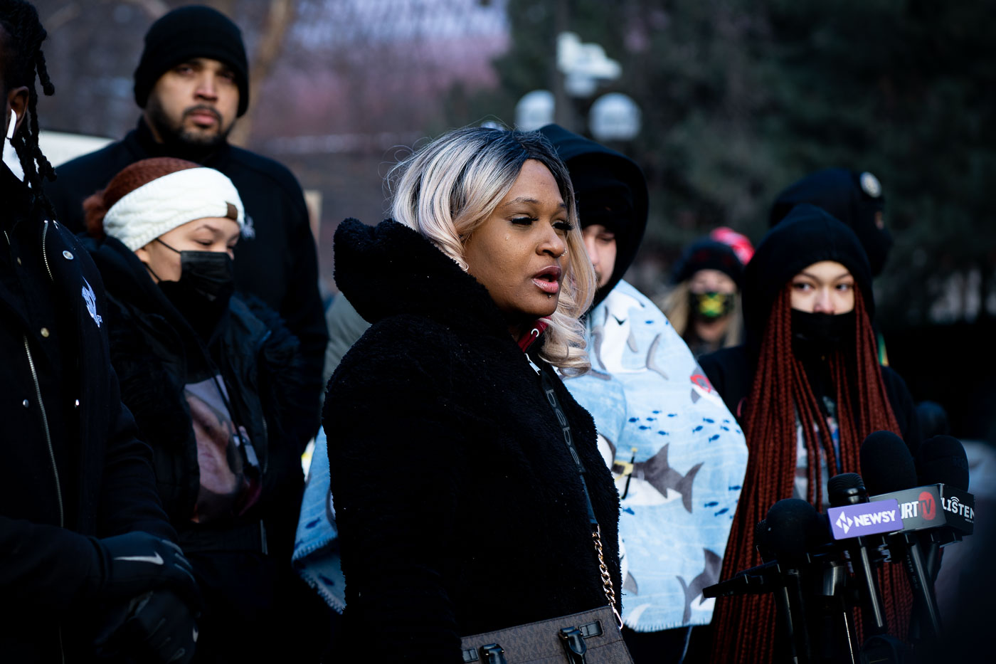 Daunte Wright's mother, Katie Wright, speaks to the press outside the Hennepin County Courthouse in Minneapolis on December 23, 2021. The courthouse is the primary judicial center for Hennepin County, and the surrounding area has been a site of public gatherings and protests. This event occurred shortly after former Brooklyn Center police officer Kim Potter was sentenced for the killing of Daunte Wright in April 2021.
