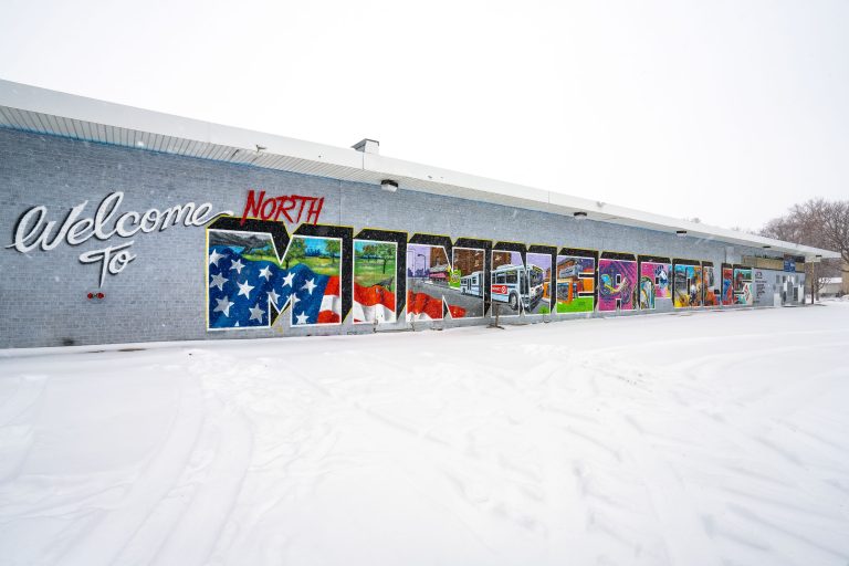 Large Welcome to North Minneapolis mural in the snow 4 Large Welcome to North Minneapolis mural in the snow