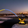 Lowry Avenue Bridge in Minneapolis during sunset tonight lit in yellow and blue in support of the people of Ukraine. The bridge is one of many structures around the city that are reportedly going to be lit in the colors of the Ukrainian flag this weekend.