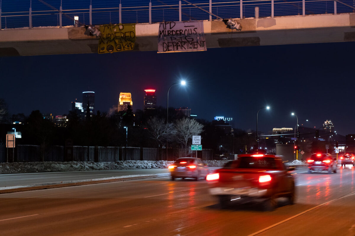 Minneapolis Protest Signs on Hiawatha Ave Overpass