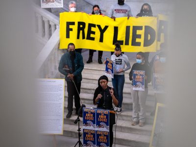 Frey Lied sign at Amir Locke Protest