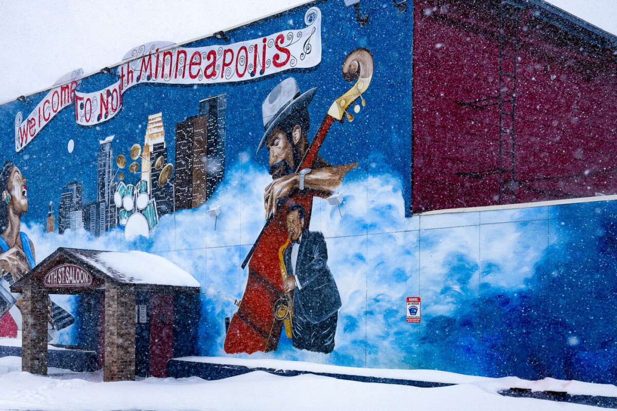 North Minneapolis Mural and 4th St Saloon in Snowfall