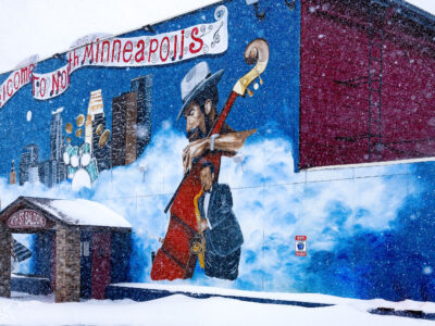 North Minneapolis Mural and 4th St Saloon in Snowfall