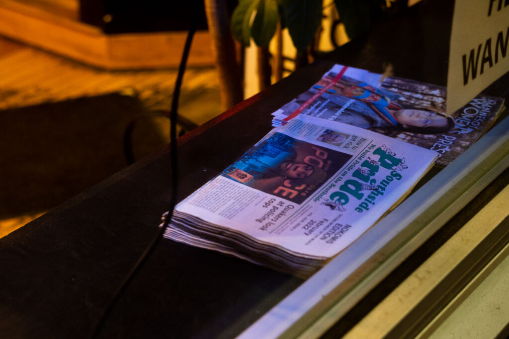 A Southside Pride paper inside a storefront in Minneapolis.
