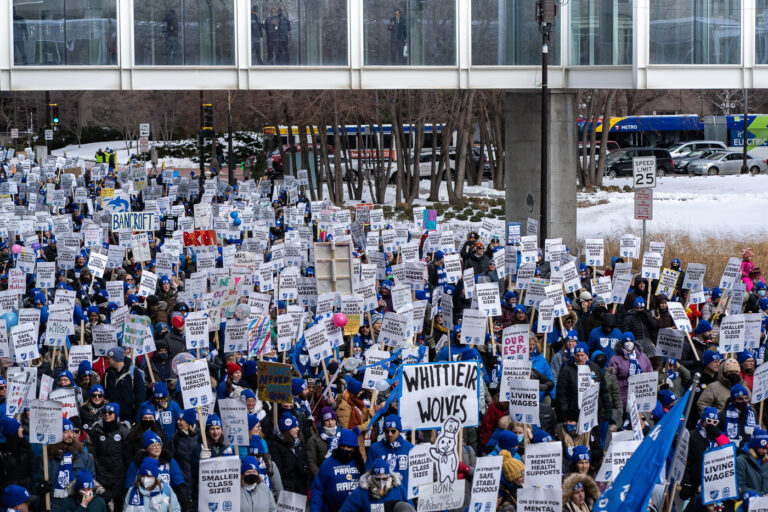 Minneapolis Teachers Strike: March for Smaller Classes and Better Pay 4 Educators and support staff from Minneapolis Public Schools marched through downtown Minneapolis on March 11, 2023, during the third day of a strike. The work stoppage, which began on March 8, involved thousands of union members advocating for better pay, smaller class sizes, and increased mental health support for students. This march underscored the collective action taken by educators to improve working conditions and secure essential resources for public education in the city.