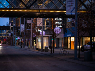 Nicollet Mall, Downtown Minneapolis at Dusk with Police Car