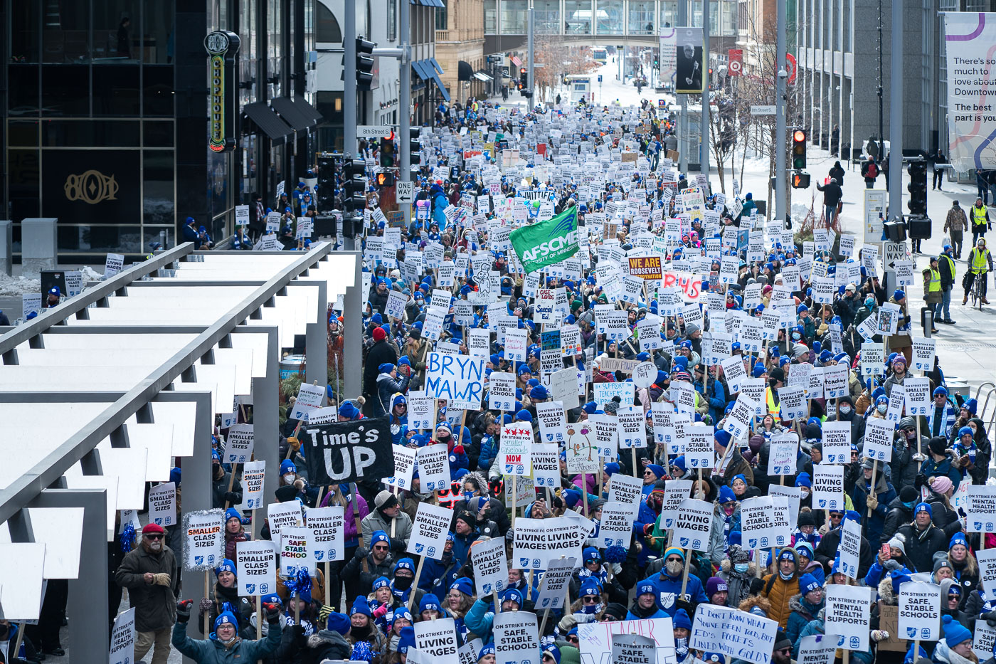 Thousands of Minneapolis educators and supporters marched on Nicollet Mall on March 10, 2023, the third day of a strike that involved over 4,000 teachers and staff. The strike, which began on March 8, 2023, highlighted demands for smaller class sizes, increased pay, and improved student mental health support. Nicollet Mall, a central pedestrian thoroughfare in downtown Minneapolis, frequently serves as a venue for public gatherings and demonstrations.
