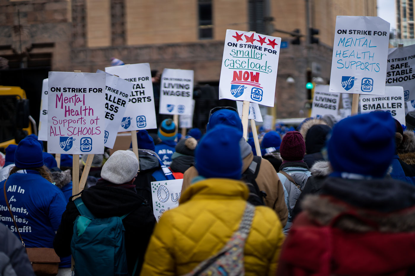 Educators from Minneapolis Public Schools marched through downtown Minneapolis on the third day of their strike. The strike, which began on March 8, 2023, involved over 4,000 teachers and support staff. Key demands included increased mental health support for students, smaller class sizes, and higher wages. The strike concluded on March 17, 2023, with a tentative agreement that addressed many of the union's concerns.