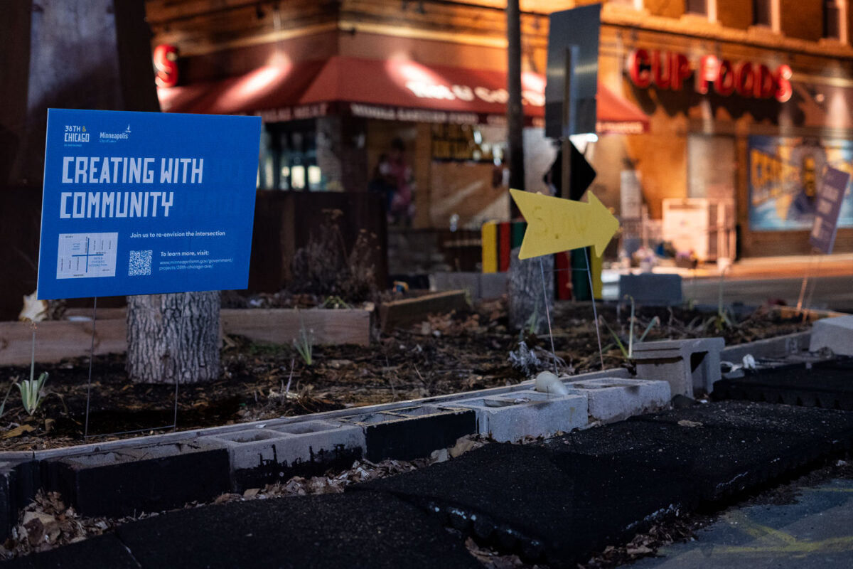 A sign placed by city regarding their "38th & Chicago Re-envisioned" plan. The city would hold community sessions to gather feedback in the days that followed.