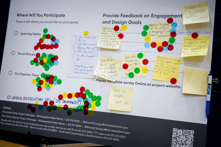 City Planning meeting on George Floyd Square April 2022 1 Comments left behind on feedback boards at an event held by the City of Minneapolis "38th and Chicago Re-envisioned".