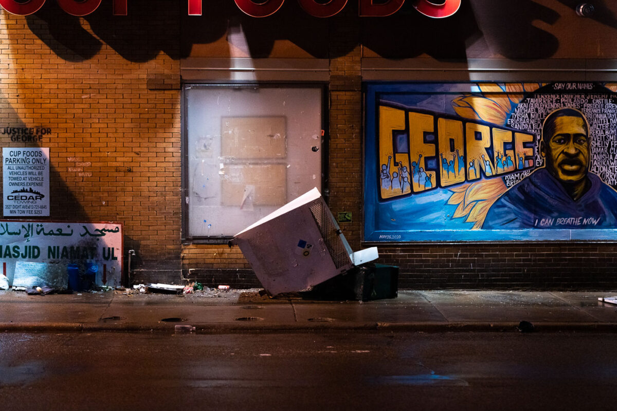 Knocked over propane tank container from a car smashing into the Cup Foods building.