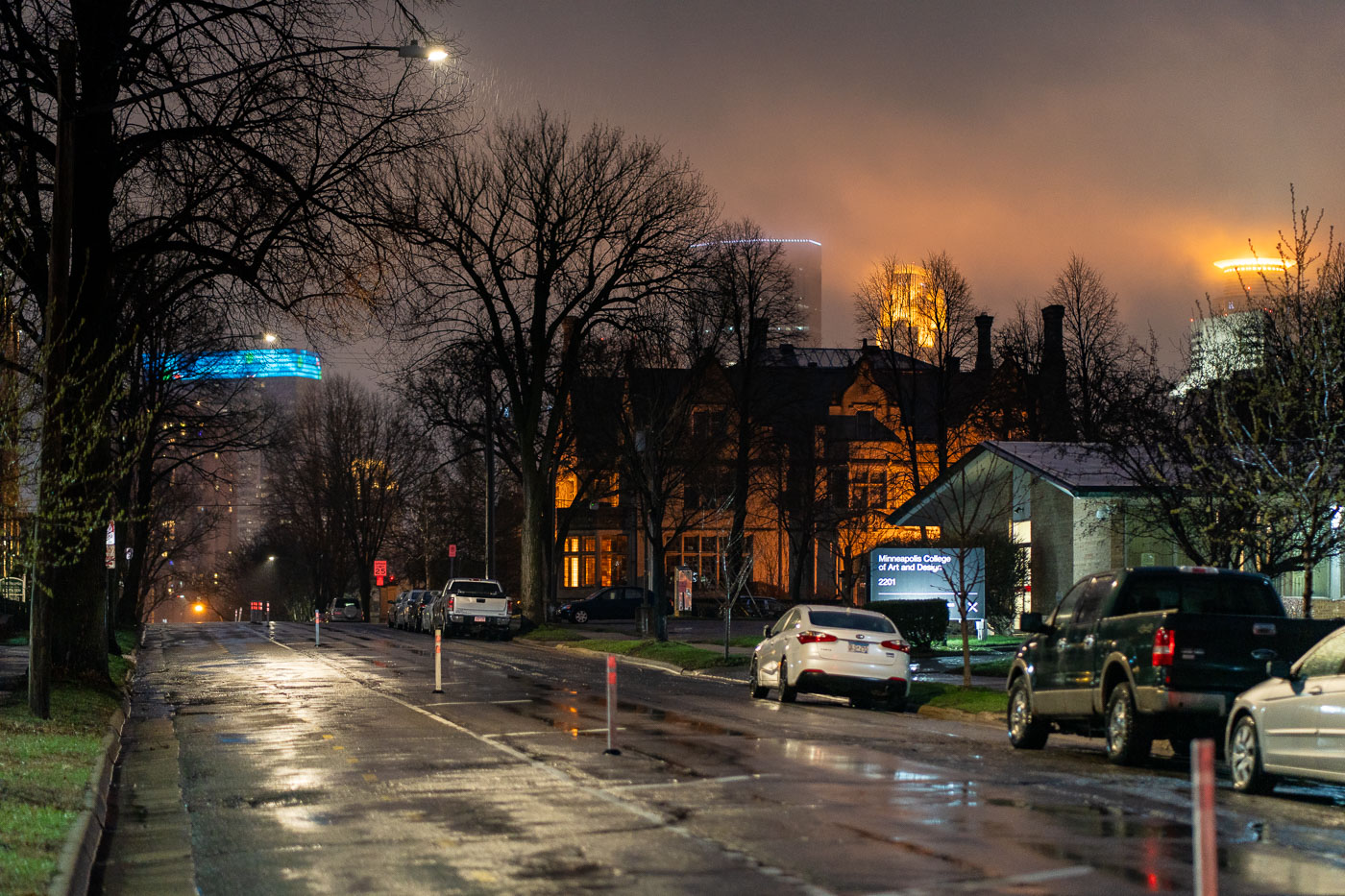 First Avenue South in Minneapolis in rain and fog