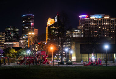 Downtown Minneapolis as seen from Franklin Steele Square park in South Minneapolis.