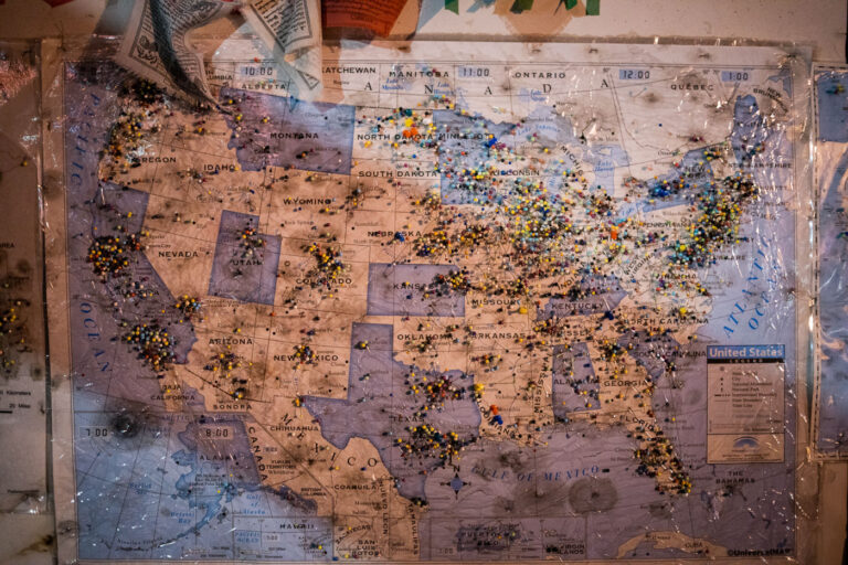 George Floyd Square visitor map in April 2022 1 A map with pins for the visitors of George Floyd Square.