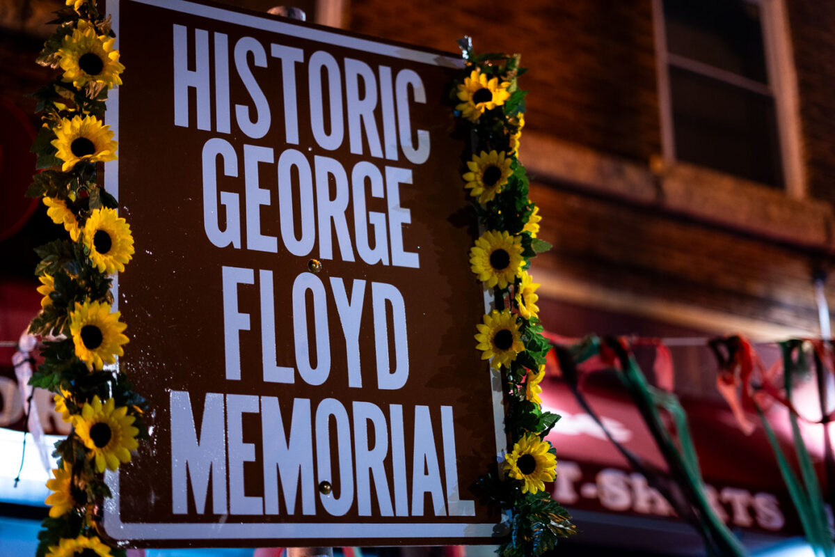 A sign reading "Historic George Floyd Memorial" at George Floyd Square.