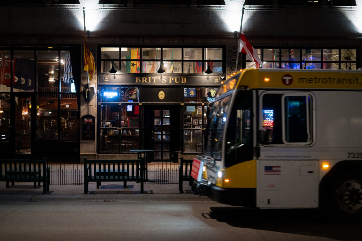 Metro Transit bus outside of Brit's Pub on Nicollet Mall in downtown Minneapolis.