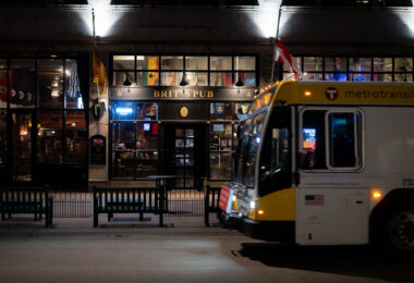 Metro Transit bus outside of Brit's Pub on Nicollet Mall in downtown Minneapolis.