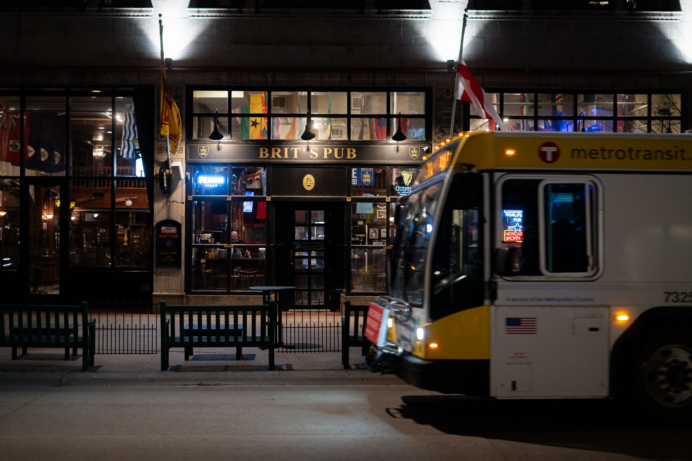 Metro Transit bus goes by Brits Pub