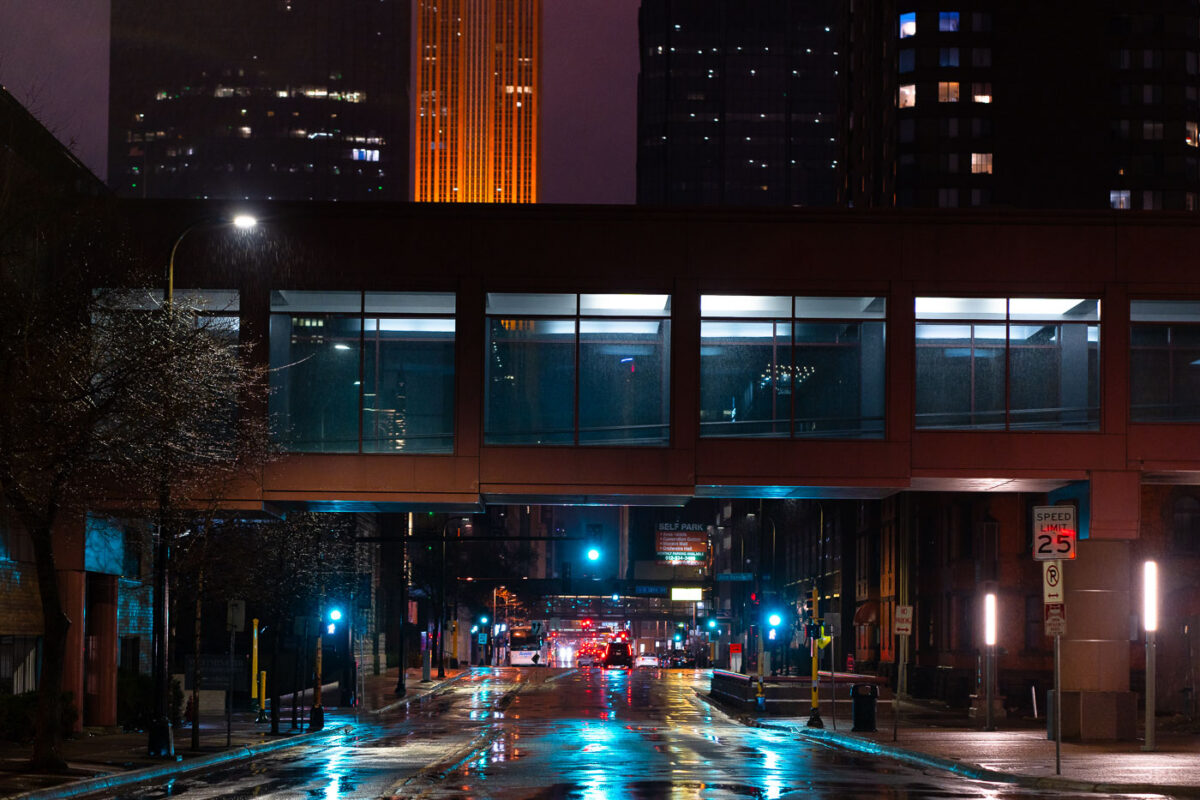 Downtown Minneapolis on a rainy spring evening.