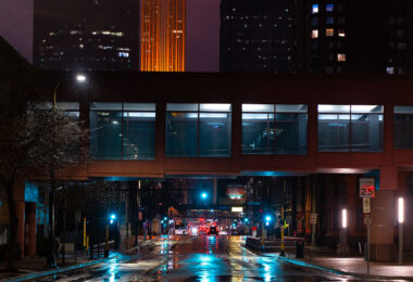 Downtown Minneapolis on a rainy spring evening.