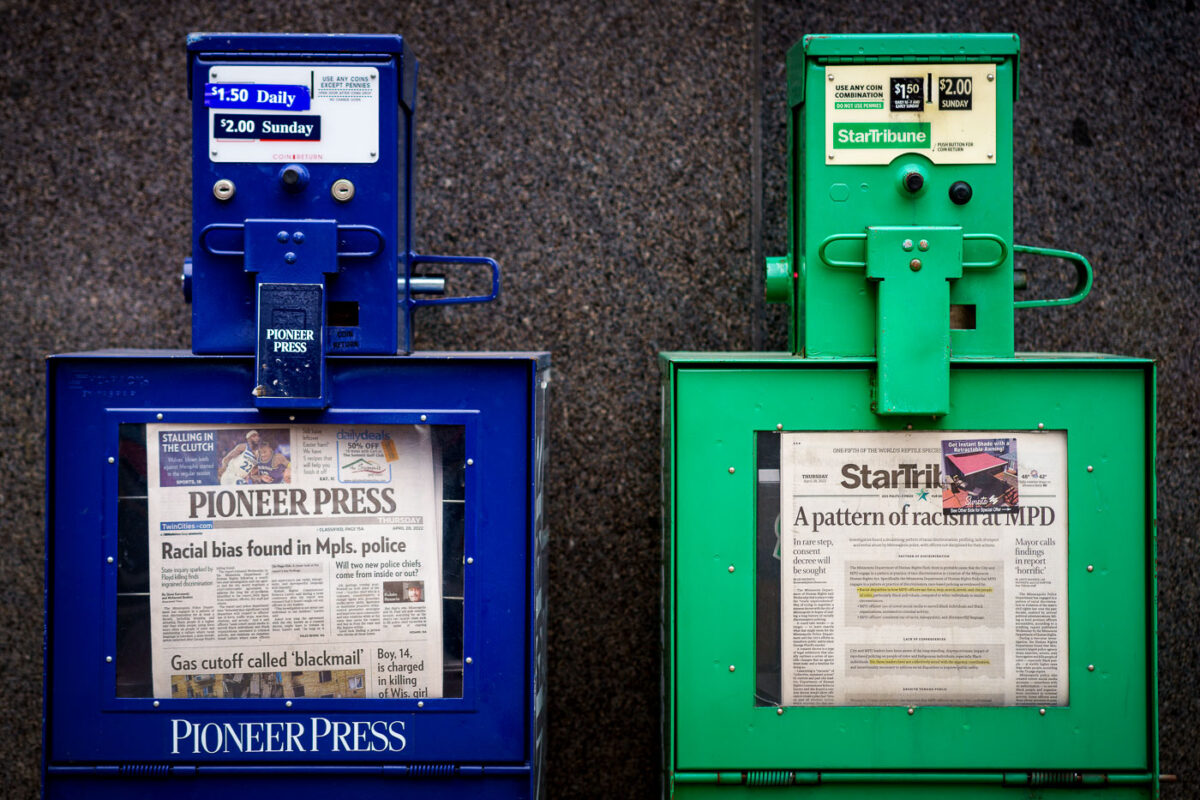 Newspapers in downtown Minneapolis the day after the Minnesota Department of Human Rights releases the results of their investigation into the city and police department. The report found evidence the city and police department engaged in “a pattern or practice of racial discrimination, in violation of the Minnesota Human Rights Act.”