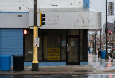 A retail storefront at Hennepin and Lake in Uptown Minneapolis. The space was formerly occupied by JUUT, an Aveda hair salon.