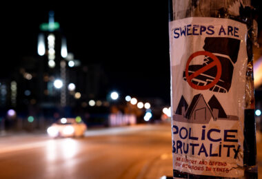 A flyer reading "Sweeps are police brutality" "We support and defend our neighbors in tents" found in South Minneapolis.