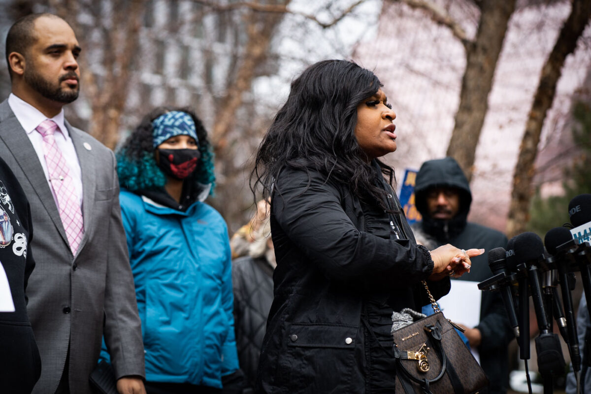 Activists speak outside the courthouse following the announcement of no charges against officers involved in the February 2nd shooting death of Amir Locke.