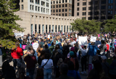 Protesters gather at the federal courthouse in downtown Minneapolis in support of abortion rights.