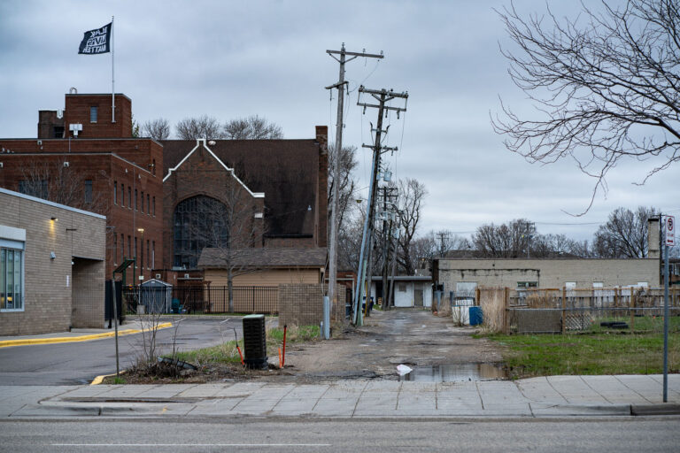 Black Lives Matter flag over a church in Minneapolis 3 A "Black Lives Matter" flag flies at the top of a church near the Minneapolis police third precinct that burned in May 2020.
