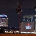 Target Field in Minneapolis as seen from the North Loop with construction cranes.