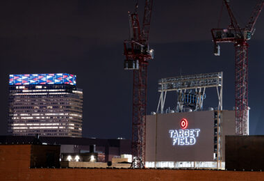 Target Field in Minneapolis as seen from the North Loop with construction cranes.