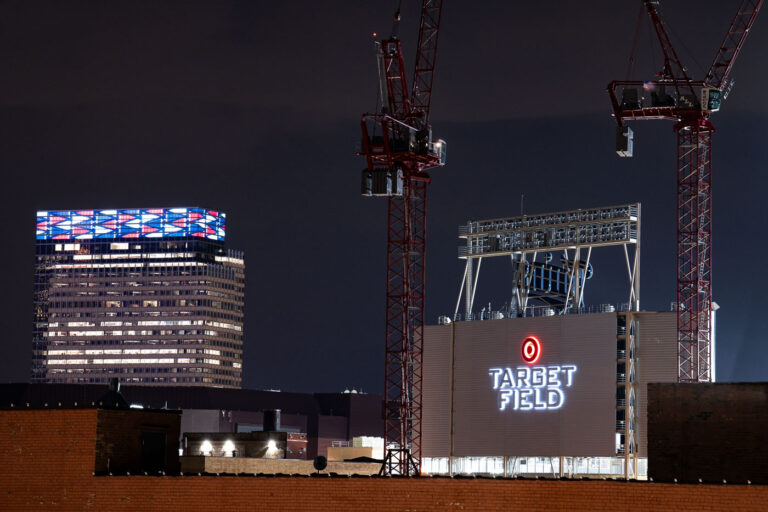 Target Field and cranes in May 2022 1 Target Field in Minneapolis as seen from the North Loop with construction cranes.