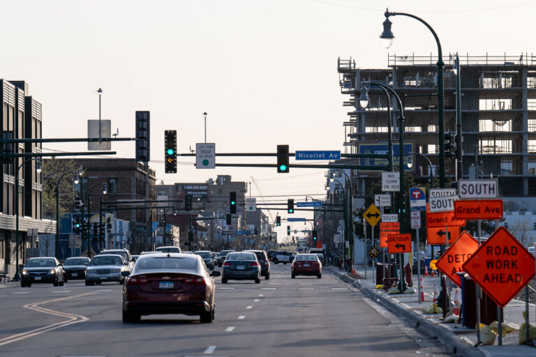 Lake Street Traffic and Construction Signs 3 Traffic on Lake Street in Minneapolis on May 10, 2022.