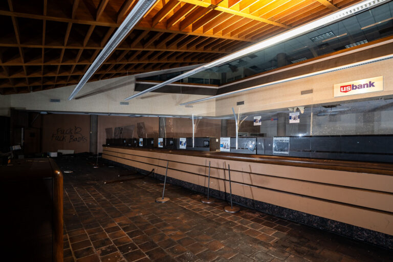 Front counter at riot destroyed building in Minneapolis 1 The front counter at a US Bank building in Minneapolis. The bank was destroyed following the May 25, 2020 murder of George Floyd by Minneapolis police officer Derek Chauvin.