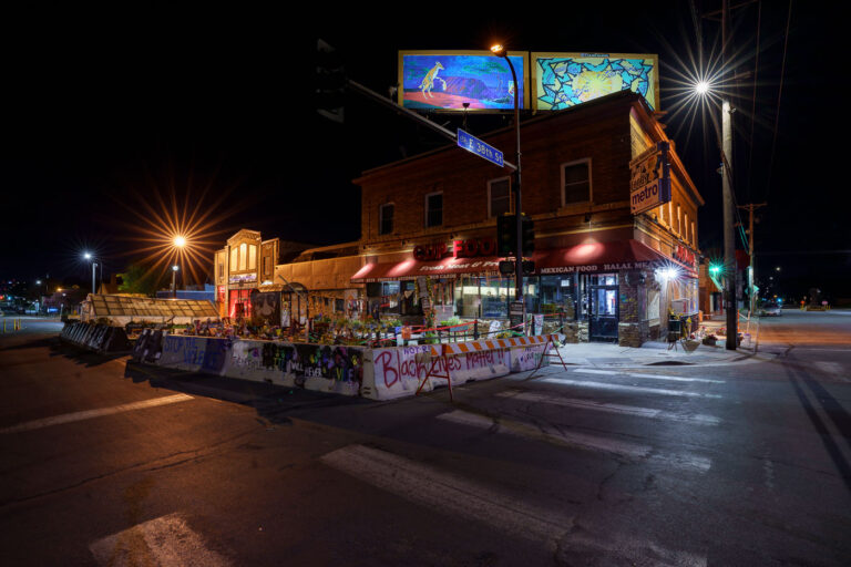 George Floyd Square at 38th Street at night 1 The George Floyd Memorial at George Floyd Square in May 2025. The area has been a place of protest since the May 25, 2020 murder of George Floyd.