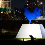 Giant blue chicken in the Walker Sculpture Garden in Minneapolis.
