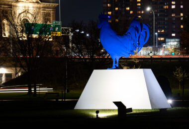 Giant blue chicken in the Walker Sculpture Garden in Minneapolis.